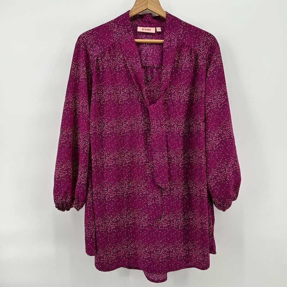 Evri Tie Neck Blouse Womens 3X Magenta Confetti Print Flowy Tunic Top Chic